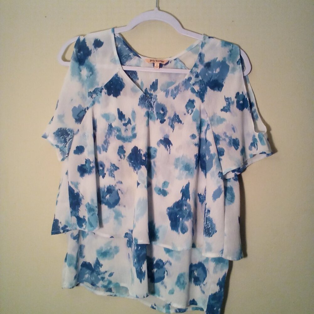 Juicy Couture Blouse Women S Short Sleeve Layers Pattern Blue White